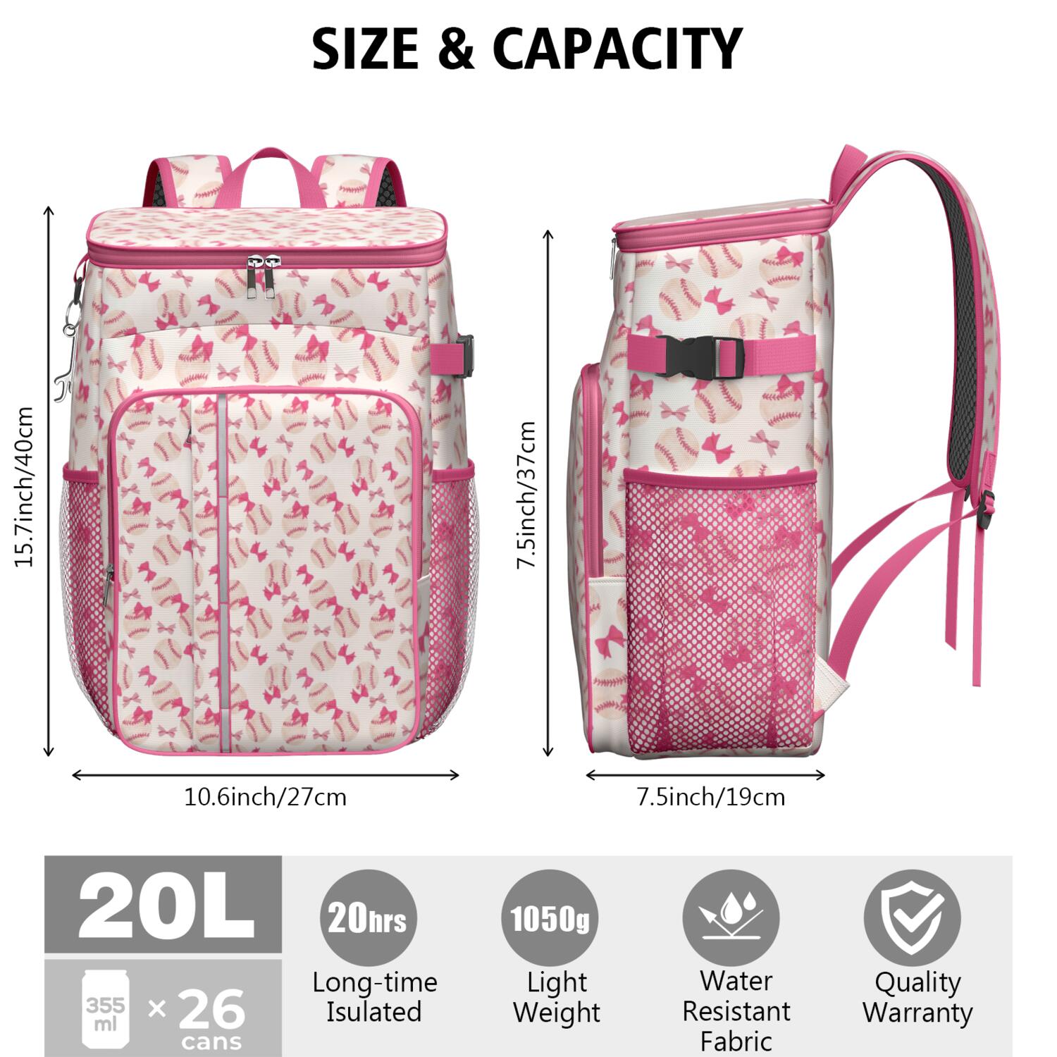 Travel Cooler Bag - Pink Bows and Baseballs Pattern Camping Beer Cooler Backpack with Bottle Opener- Waterproof Insulated Picnic Backpacks - Cooler Bag for Beach