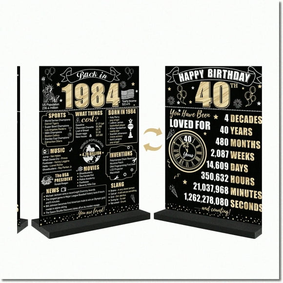 Retro 1984 40th Birthday Table Sign - Black Gold Happy 40 Bday Wooden Poster with Stand - Party Supplies for Men Women - Forty Birthday Display Holder