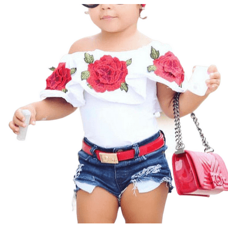 

Toddler Kids Baby Girls 3D Flower Tops Ruffle Shorts Denim Trousers Summer Outfits Clothes Set