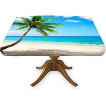Beach Polyester Square Fitted Table Cloths, Coconut Palm Tree Wipe Clean Elastic Edged Table Cover, for Indoor Holiday Family Banquet and Outdoor Patio Use, Fit for 34" x 34"Square Table, Blue Green