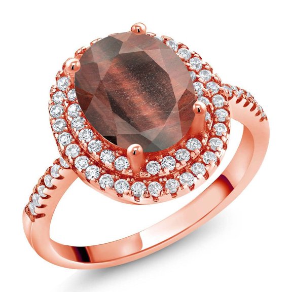 Gem Stone King 18K Rose Gold Plated Silver Ring Tiger Eye Moissanite (1.93 Cttw)