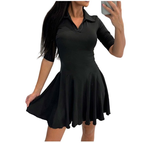 ClodeEU Womens Solid V Neck Waist Defining Dress,Flare Elegant A line Swing Mini Dresses Black,Womens Plus S