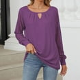 thumbnail image 2 of ATOYSOY Trendy Patchwork Raglan Tops Keyhole Neck Pullovers Long Sleeve Business Tees Casual Elegant Cotton Linen Loose Lace Shirts for Women Outwear Fall Purple XXL, 2 of 6