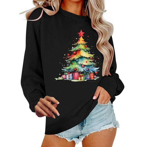 Women Christmas Tree Printed Tshirts Cropped Sweatshirts Plus Size Pullover Sweaters Trendy Oversized Sweatshirt Y2k Long Sleeve Crop Top Swim