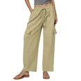 thumbnail image 1 of Pantalones de lino Pantalones cargo elásticos de cintura alta con cordón para mujer, 1 of 6