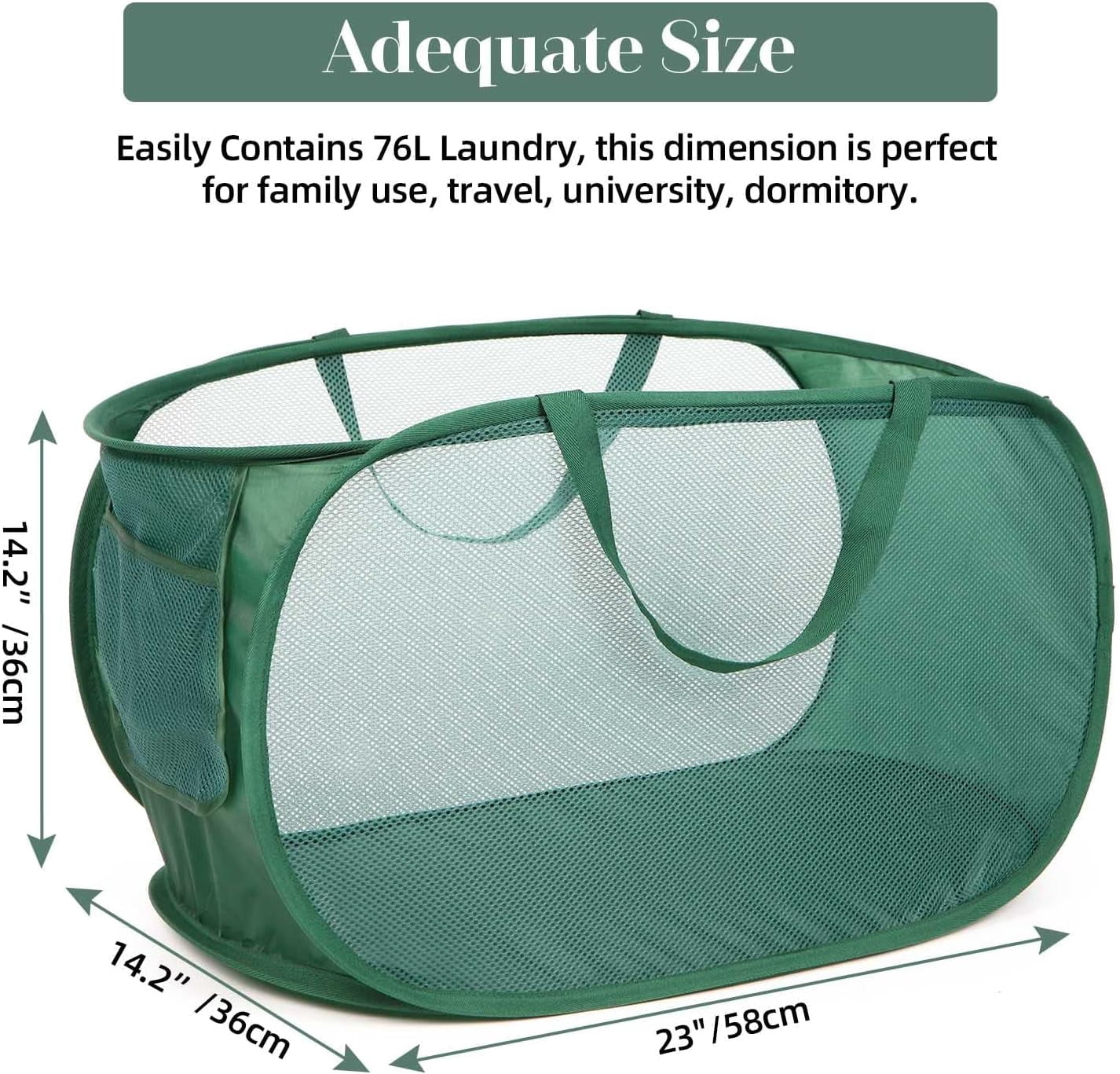 Kiibsot Strong Mesh Pop Up Laundry Basket, Collapsible Laundry Hamper with Side Pocket, Foldable Clothes Hamper with Durable Reinforced Handles for Laundry, Bathroom, Kids Room, Dorm or Travel