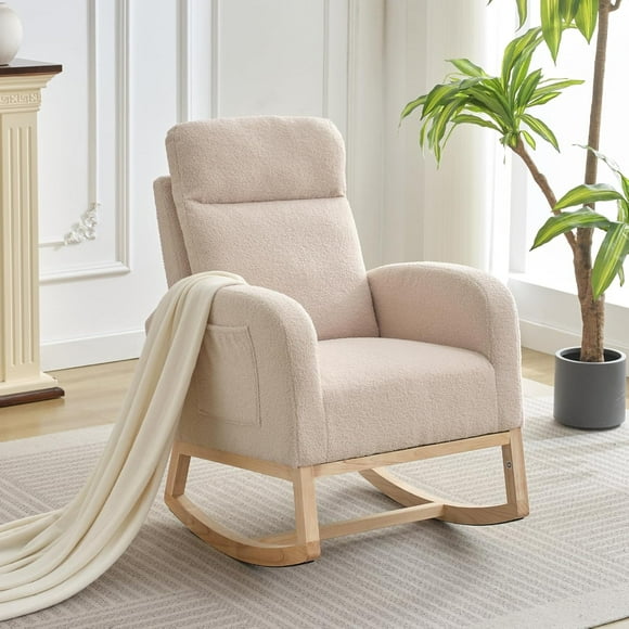 Rocking Chair, Wingback Accent Rocker Chair Upholstered Tall Back Arm Chair w/Side Pockets, Ursing Rubber Wood Legs and Side Pocket for Living Room, Bedroom