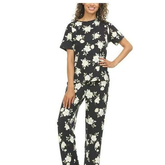 Womens Printed Notch Collar Pajama Set, 2 Pieces,Black,Large