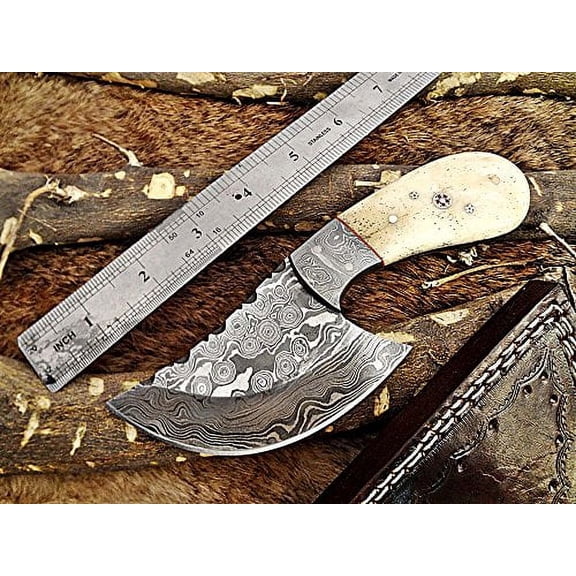 7" long compact Hand Forged Damascus Steel wide blade skinning Knife with 3.5" cutting, Natural camel bone scale with Damascus Bolster, Cow Hide leather sheath