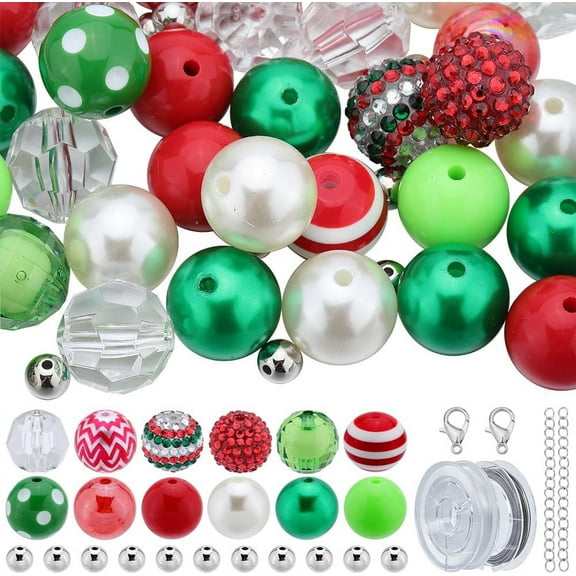 106Pcs Christmas Bubblegum Beads Xmas Chunky Beads BulkBeaded Pen Beads 20Mm Large Red Green Holiday Rhinestone Bead Loose Beads for Jewelry Making Bracelet Necklace Pen Craft Supplies