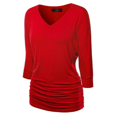 Made by Johnny Women's V-Neck 3/4 Sleeve Dolman Top with Side Shirring XL RED