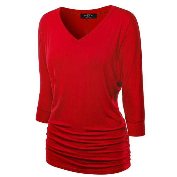 Made by Johnny Women's V-Neck 3/4 Sleeve Dolman Top with Side Shirring XL RED