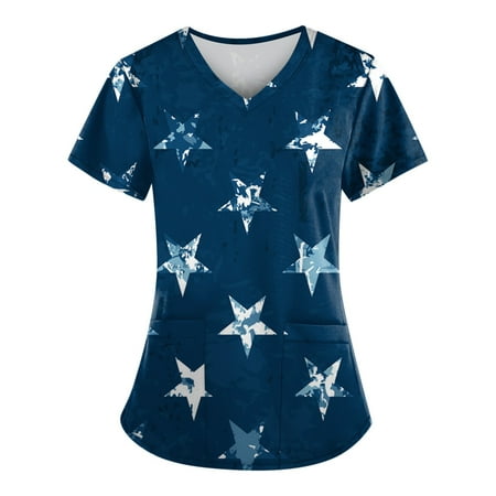 

Sksloeg Womens Scrub Tops Stretchy V-Neck American Flag Holiday star Printed Patriotic Workwear Navy M