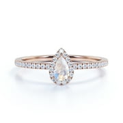 1 Carat Teardrop Rainbow Moonstone and Moissanite Halo Dainty Ring in 18k Rose Gold over Silver