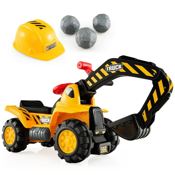 Costzon Ride on Excavator, Kids Excavator Digger Bulldozer W/Safety Helmet, 3 Rocks, Horn, Under-seat Storage, Construction Vehicles for Kids, Ride on Toys for Boys Girls Toddlers
