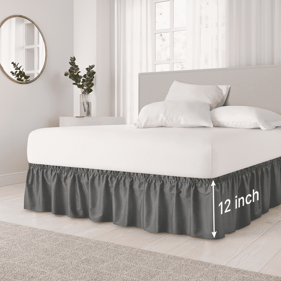 CGK Linens Wrap Around Dust Ruffle Bed Skirt - For Queen Size Bed With 12 Inch Drop, Easy Fit Elastic Strap - Pleated Bedskirt, Gray