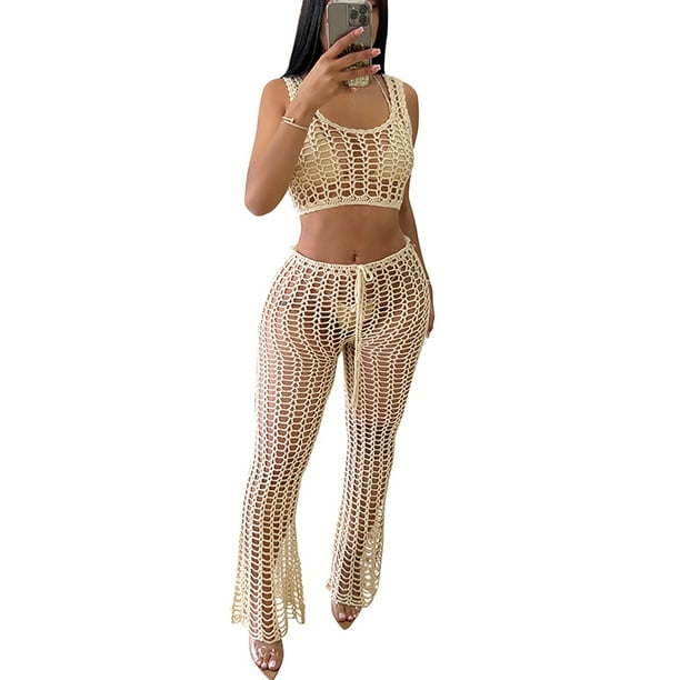 VISgogo Conjunto de pantalones ahuecados para mujer, tops recortados con escote redondo de color sólido y pantalones con parte inferior de campana con cordón VISgogo moda
