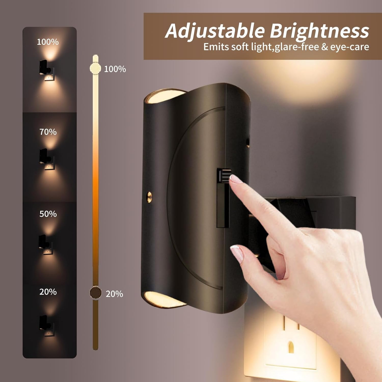 RGHJAR-Night Light, 2 Pack LED Night Lights Plug into Wall, Soft White 3000K, 0-100LM Adjustable Brightness Nightlight for Hallway Bedroom