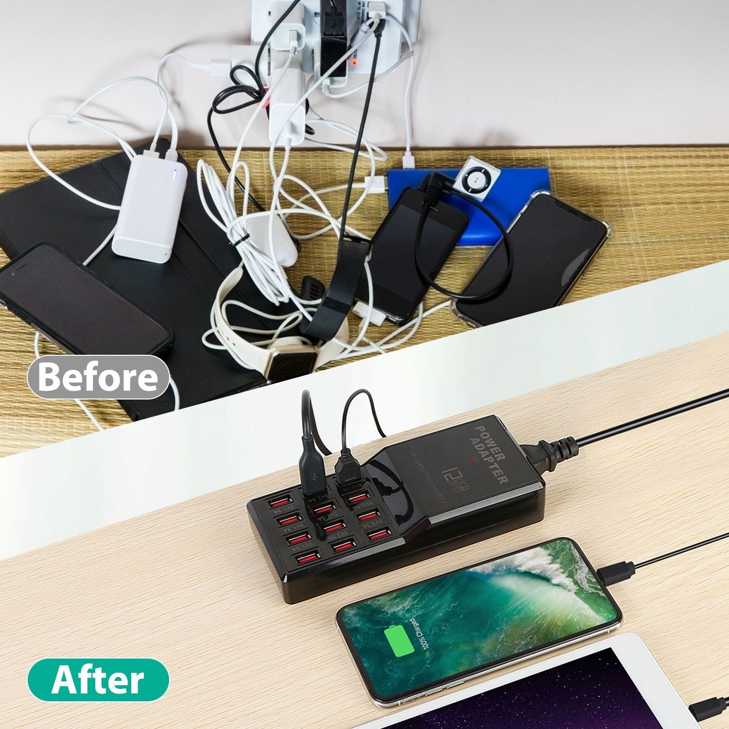 12-Port USB Charging Station 60W - Fast 3.5A Per Port Desktop Hub with Smart IC, Overload Protection for iPhone/iPad/Camera - Compact 6.7" Family Power Strip