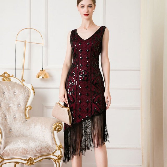 Vestido de fiesta vintage de 1920 con lentejuelas y cuentas, falda de baile de graduación, temperamento irregular, vestido con borlas