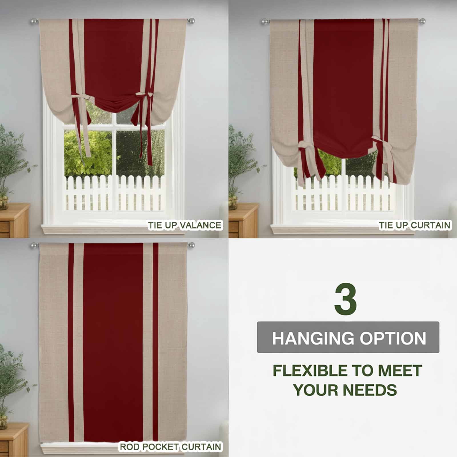 Red Vertical Stripes Tie Up Curtain for Window, Abstract Vintage Linen Texture Minimalist Adjustable Tie Up Balloon Curtain Valances Rod Pocket Window Treatment for Kitchen Bathroom Bedroom 42"x63"
