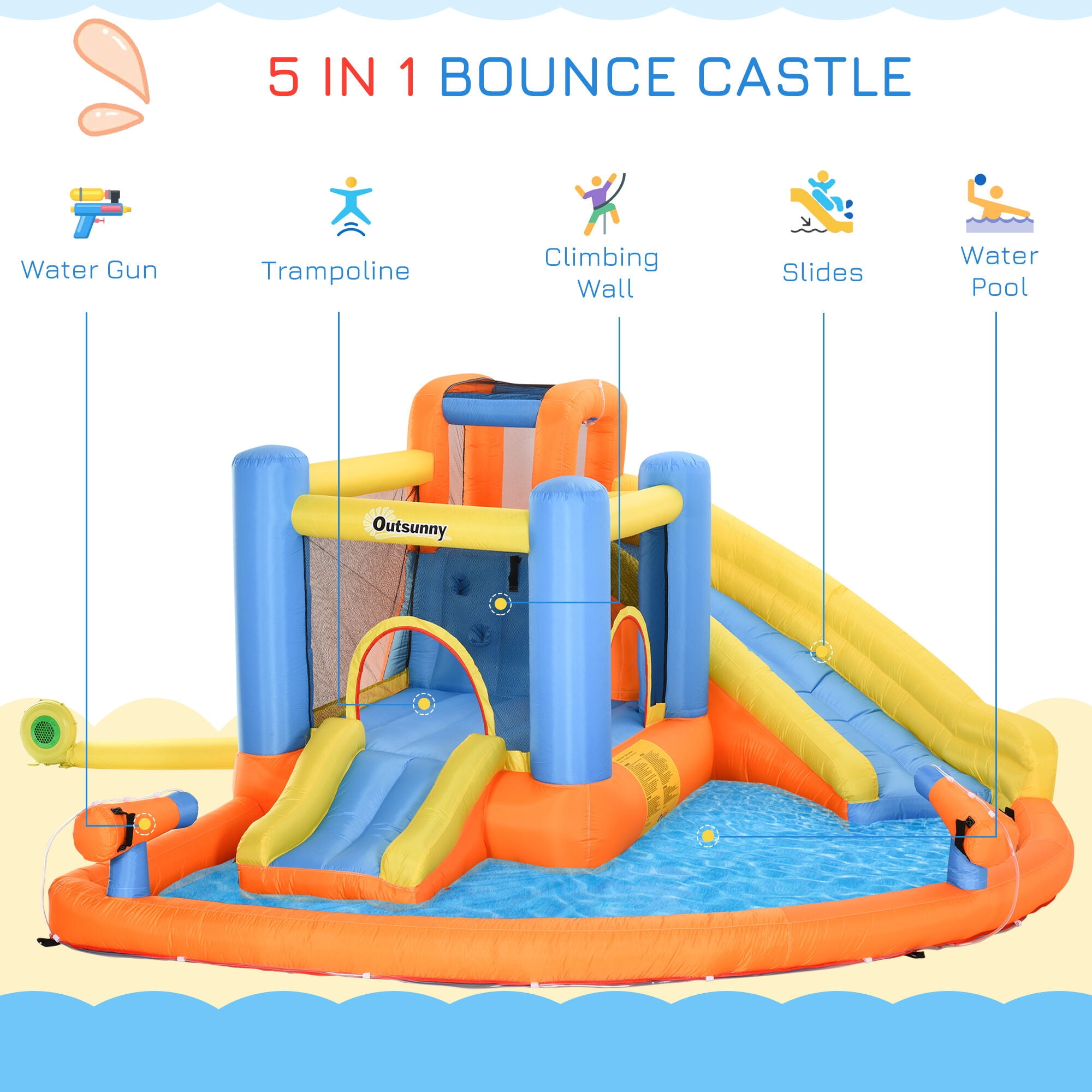 Kids Outdoor Toys, Kids Inflatable Water Slide 5-in-1 Bounce House Water Park Jumping Castle with Water Pool, Slide, Climbing Walls, & 2 Water Cannons, 450W Air Blower, Outdoor Play Equipment