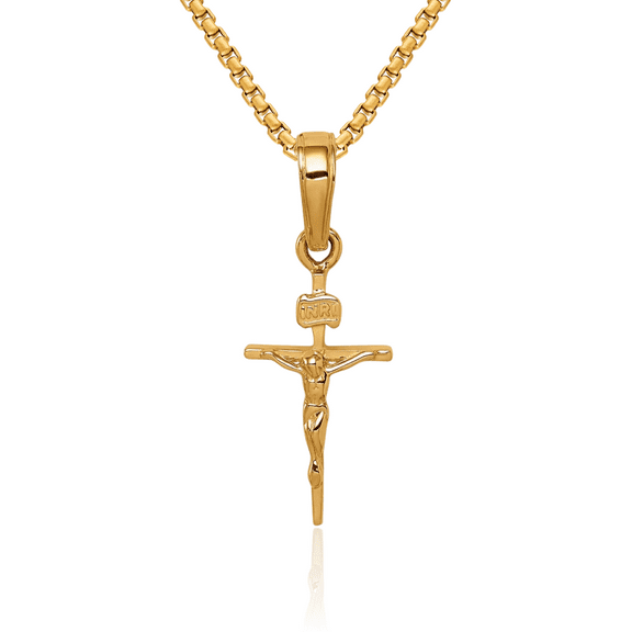 14K Solid Yellow Gold Inri Lord Jesus Christ Crucifix Holy Cross Necklace Religious Chain Pendant Charm