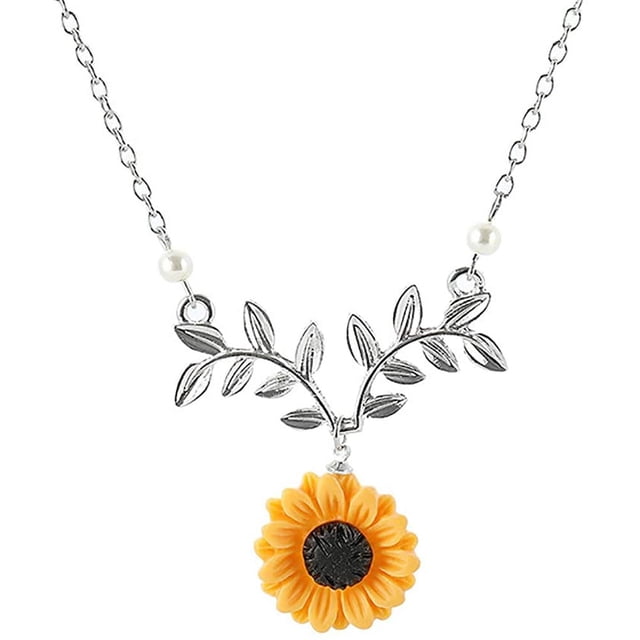 Collar con colgante de girasol, cadena de hojas de perlas, gargantilla hecha a mano de resina bohemia para mujeres y niñas