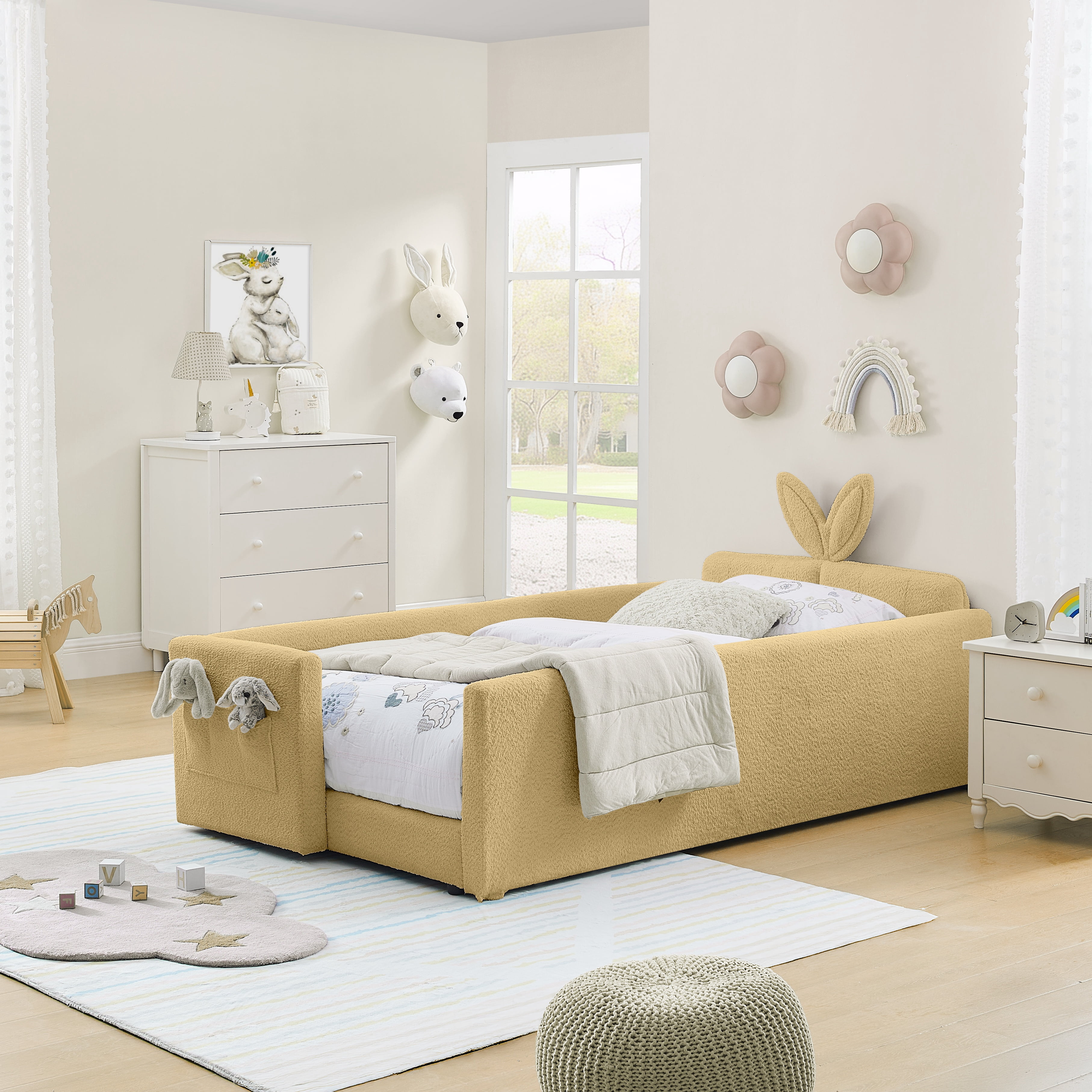 PORKISS Twin Bed Frames for Kids, Boucle Upholstered Platform Bed Frame with Safety Rails, Cute Bunny Ear Cartoon Bed with Storage Pocket, Yellow