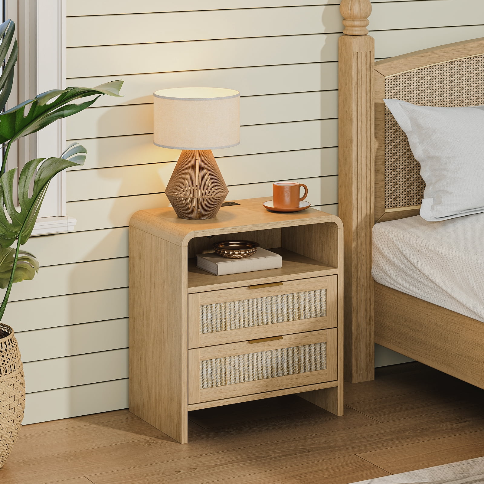 Nightstand Sets, Bedside Table Sets, Rattan Nightstand with Integrated Power Outlet, 2 Drawers, Open Shelf, Curved Design, Set of 2 Matching Bedside Tables for Bedroom, Natural Oak