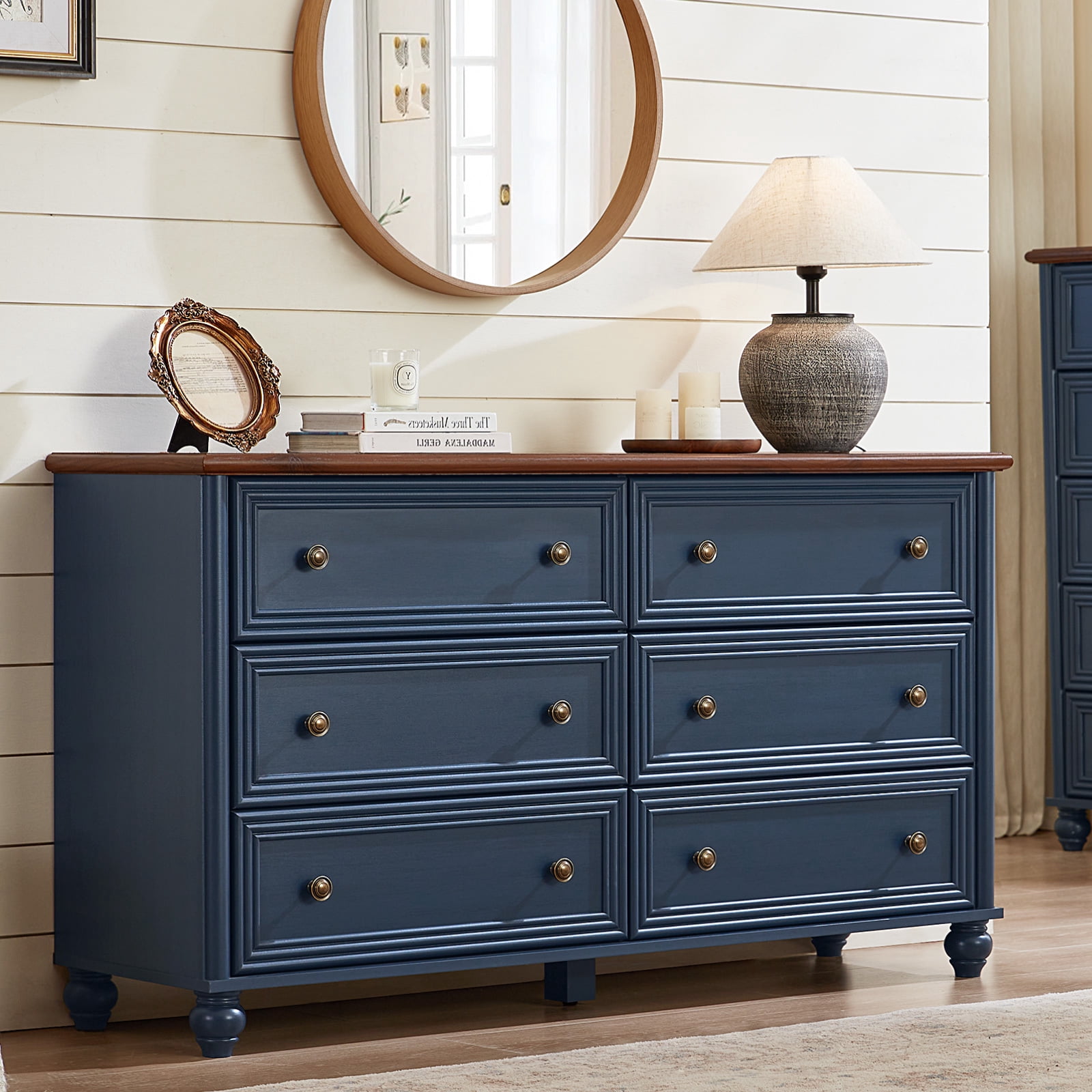 LELELINKY Rustic Modern Chest of 6 Drawers, 54" Extra Wide Double Dresser for Master Bedroom, Nursery Dresser Organizer Closet for Living Room