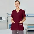 thumbnail image 4 of Qwertyu Scrub Tops Women Stretch Solid Casual Nursing Top V-Neck Short Sleeve Scrub Shirts with Pockets,Working Uniform Wine 5XL, 4 of 6