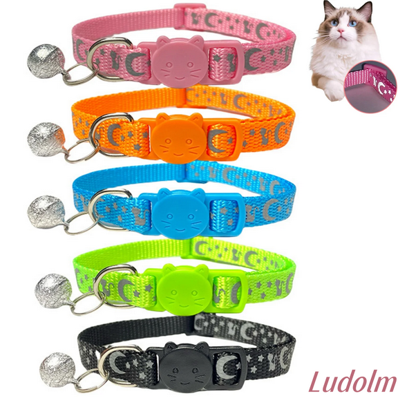 BTEPSGA 5 Pack Reflective Cat Collars, Girl Boy Pet Kitten Collar with Bell, Star Moon Kitten Print, and Safety Buckle (Adjustable 7.5"-12.6"