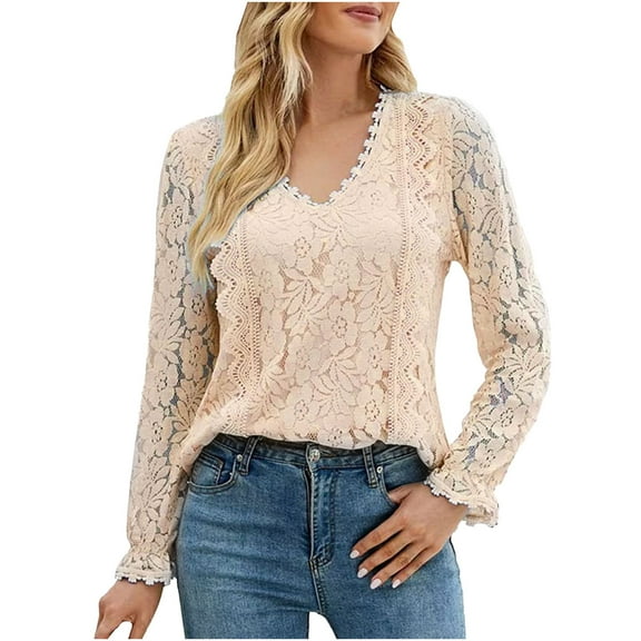 STETMN Women's Floral Lace Blouse Casual V-Neck Loose Long Sleeve T-shirt Fall Dressy Shirt