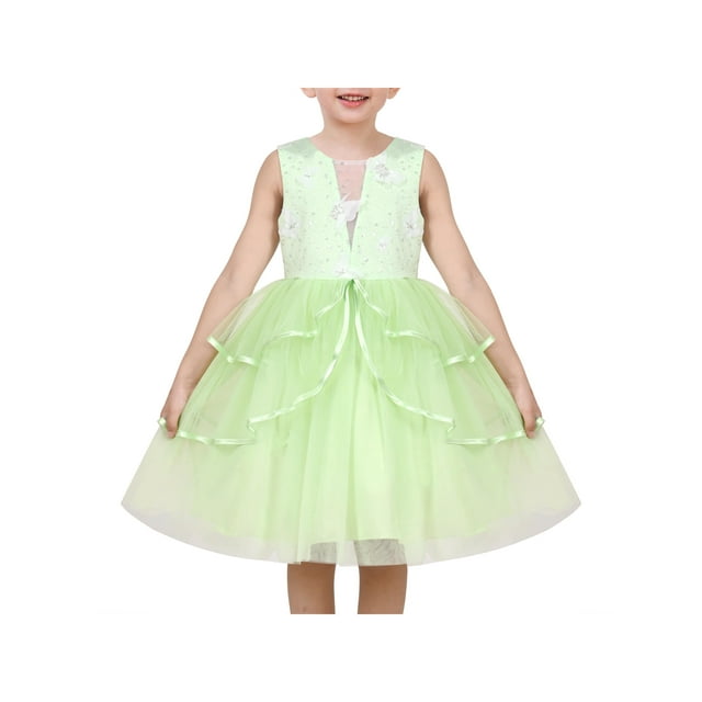 Vestido de Niña Verde Mariposa Lentejuelas Capa Tul sin Mangas Verano Princesa 6 Años