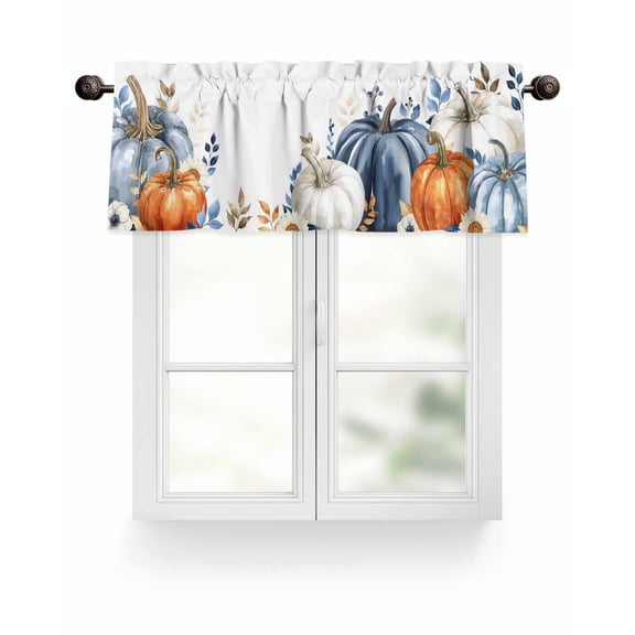 Fall Thanksgiving Kitchen Valances for Windows White Orange Blue Pumpkin Floral Leaf Valance Curtains for Kitchen /Living Room/Bedroom/ Bathroom Decor, 54"x18 " ,Rod Pocket 1 Panel,