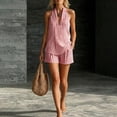 thumbnail image 4 of Casual Summer Outfits 2 Piece Matching Clothing Set Women's Striped V Neck Two-Piece Set Outfit Sleeveless Top And Stretch Waist Shorts Set Summer Vacation Set. Red S, 4 of 9