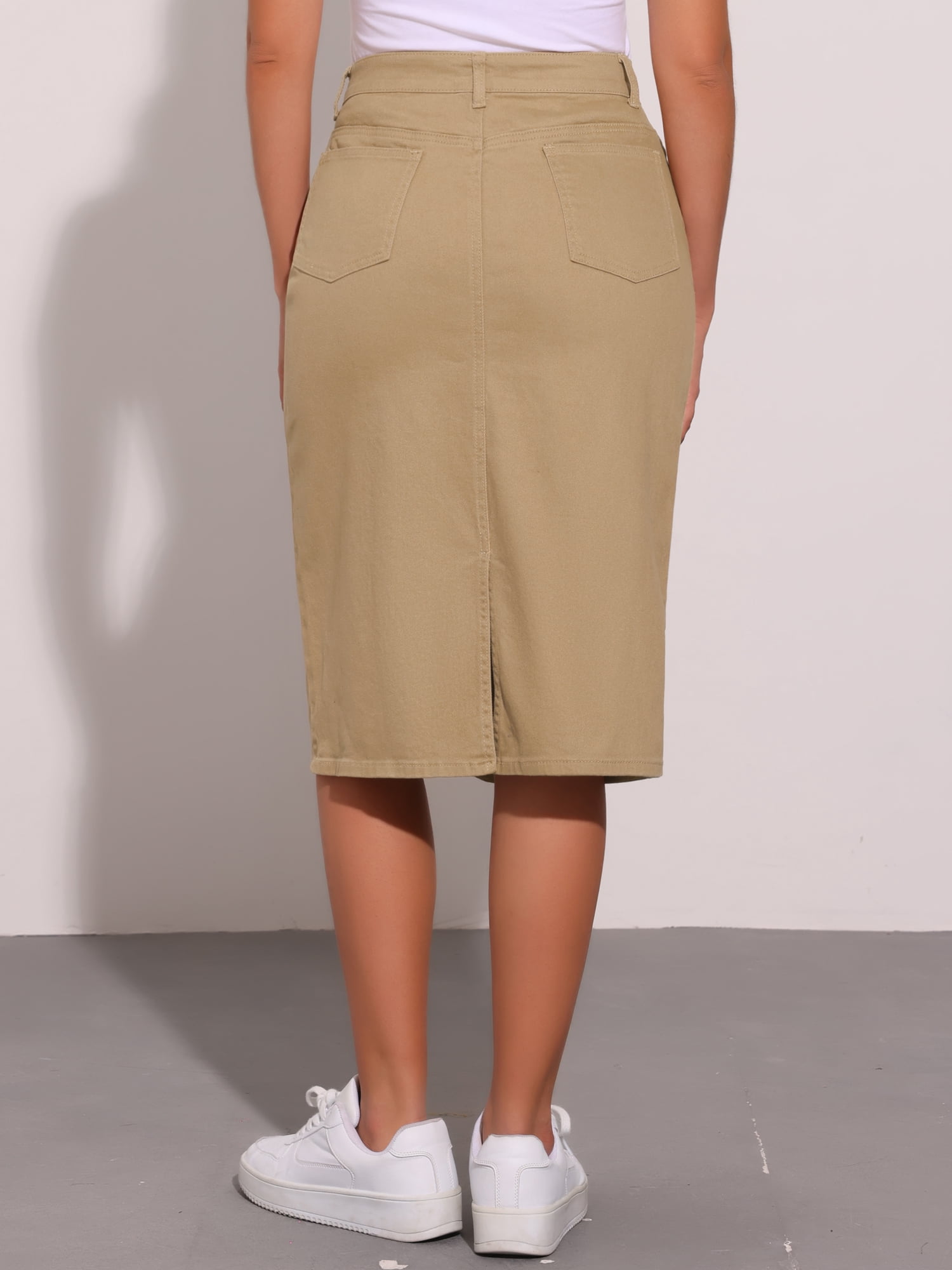 DARING DIVA Women's Denim Split Back Pockets Midi Jean Skirts L Khaki