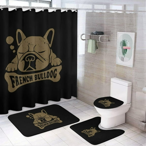 Sleeping French Bulldog 4Pcs Shower Curtain Set Washable Bathroom Sets with Toilet Lid Cover and Non-Slip Rug Bath Accessories Decor