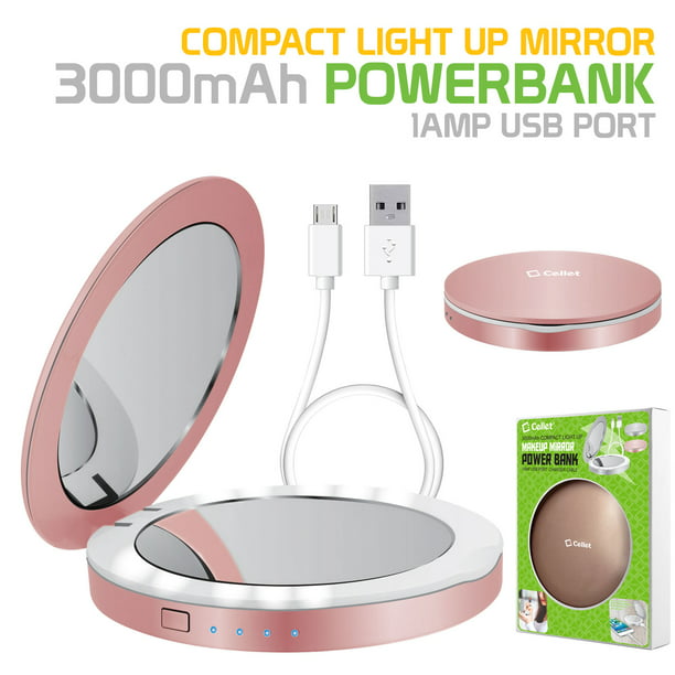 Cellet Compact Light Up Mirror Power Bank, 3000 mAh Battery, 1 Amp USB Port