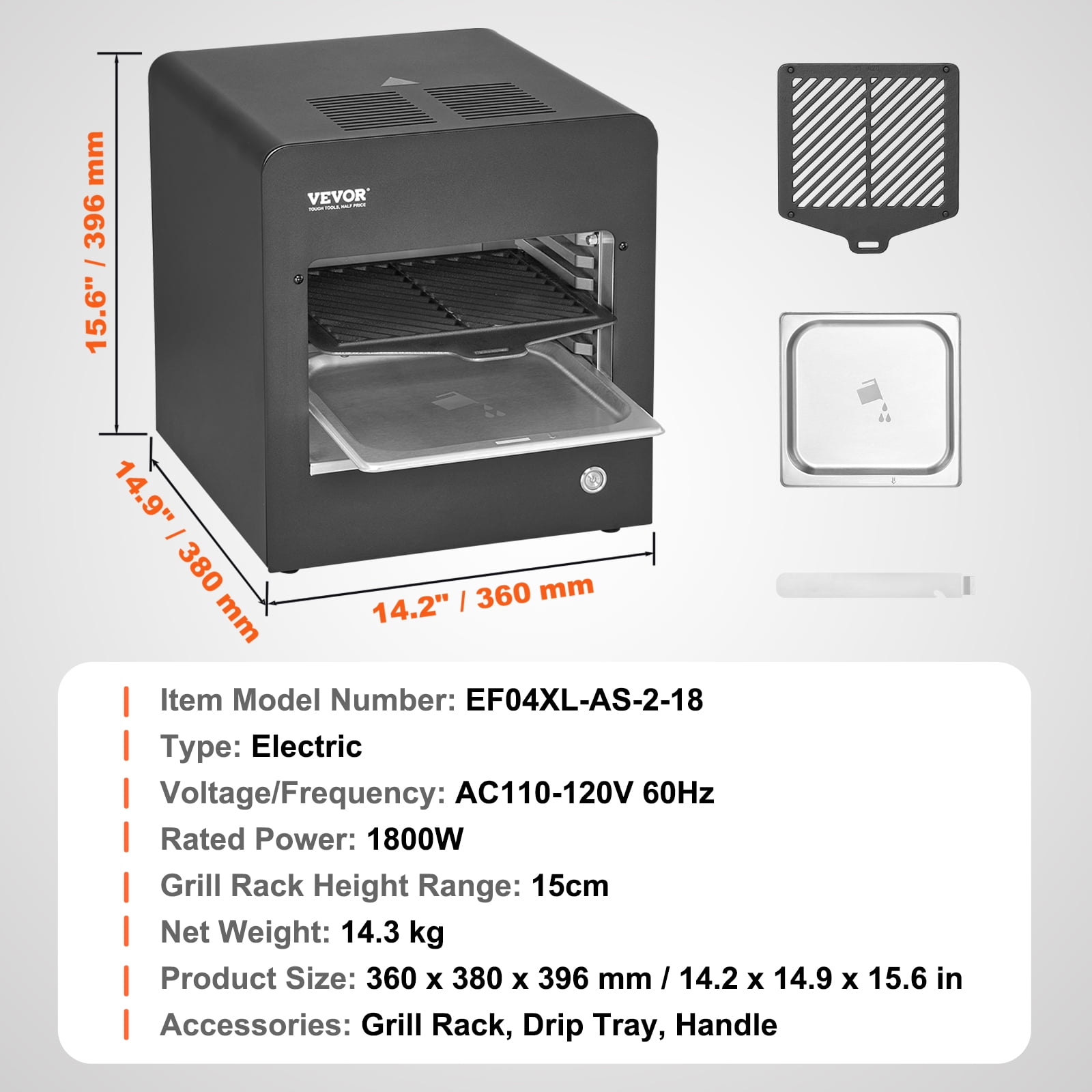 VEVOR Electric Steak Grill, 1800W Smokeless Infrared Electric Broiler, 1450°F Stainless Steel Steak Cooker with 6-Tier Adjustable Rack, Electric Infrared Grill for BBQ, Toast, Grill, Indoor