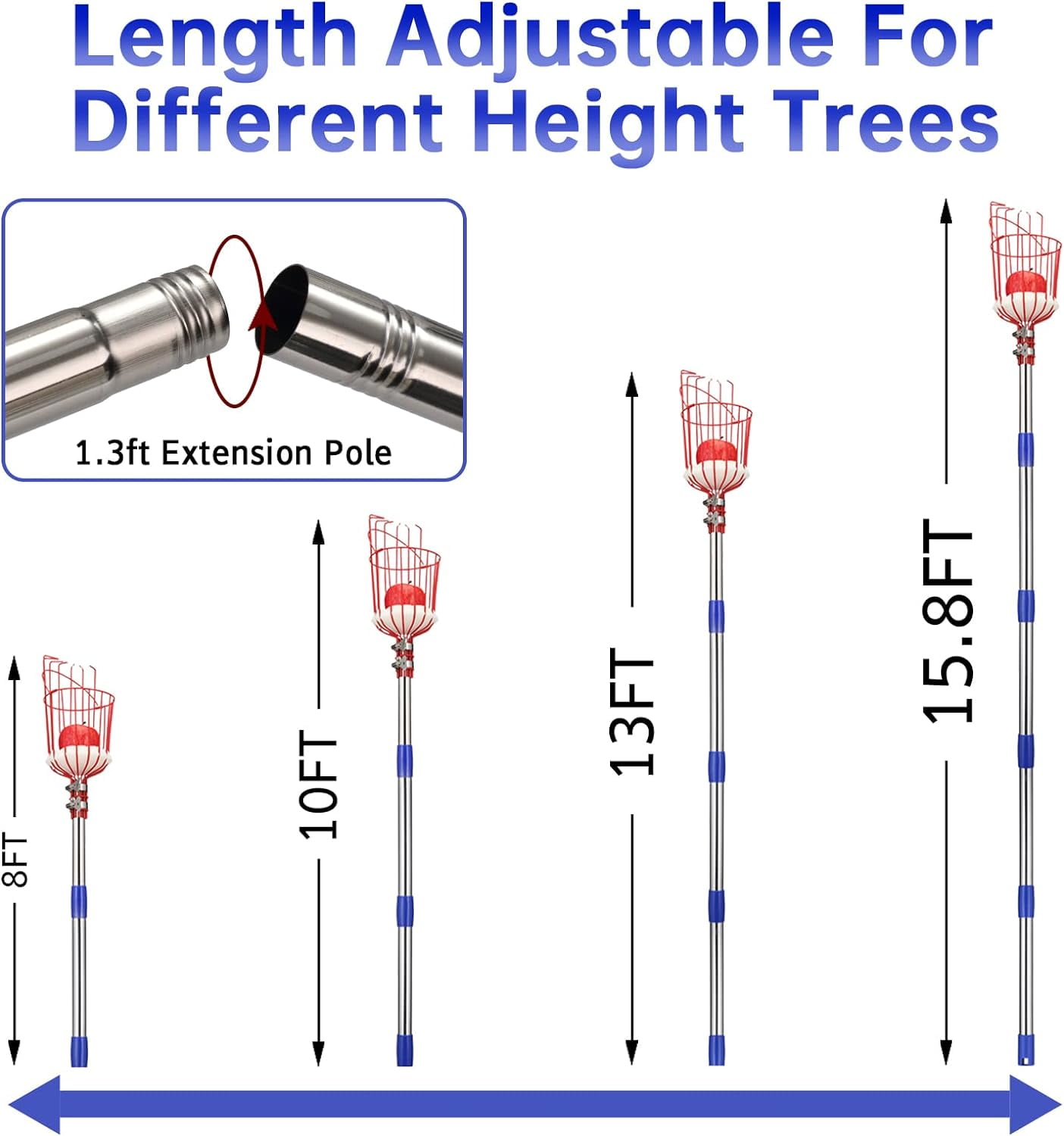 YeYeBest Fruit Picker Pole with Basket,10ft Adjustable Height Fruit Picker Tool with Stainless Steel Fruit Picking Pole for Apple Orange Mango