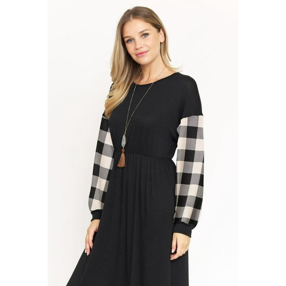 Ivory Buffalo Plaid Bishop Sleeve Midi Dress