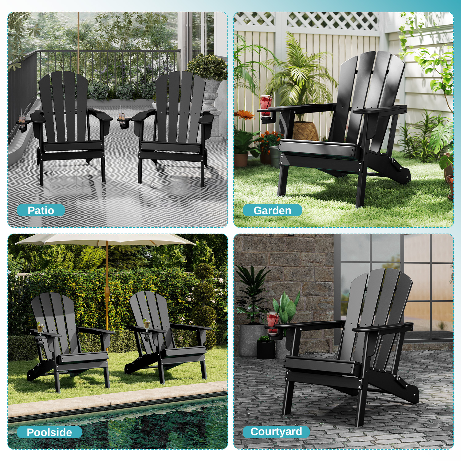 FODINGHILL Folding Adirondack Chair,HDPE All Weather Fire Pit Chair,Outdoor Plastic Chair for Patio Porch Garden,Black