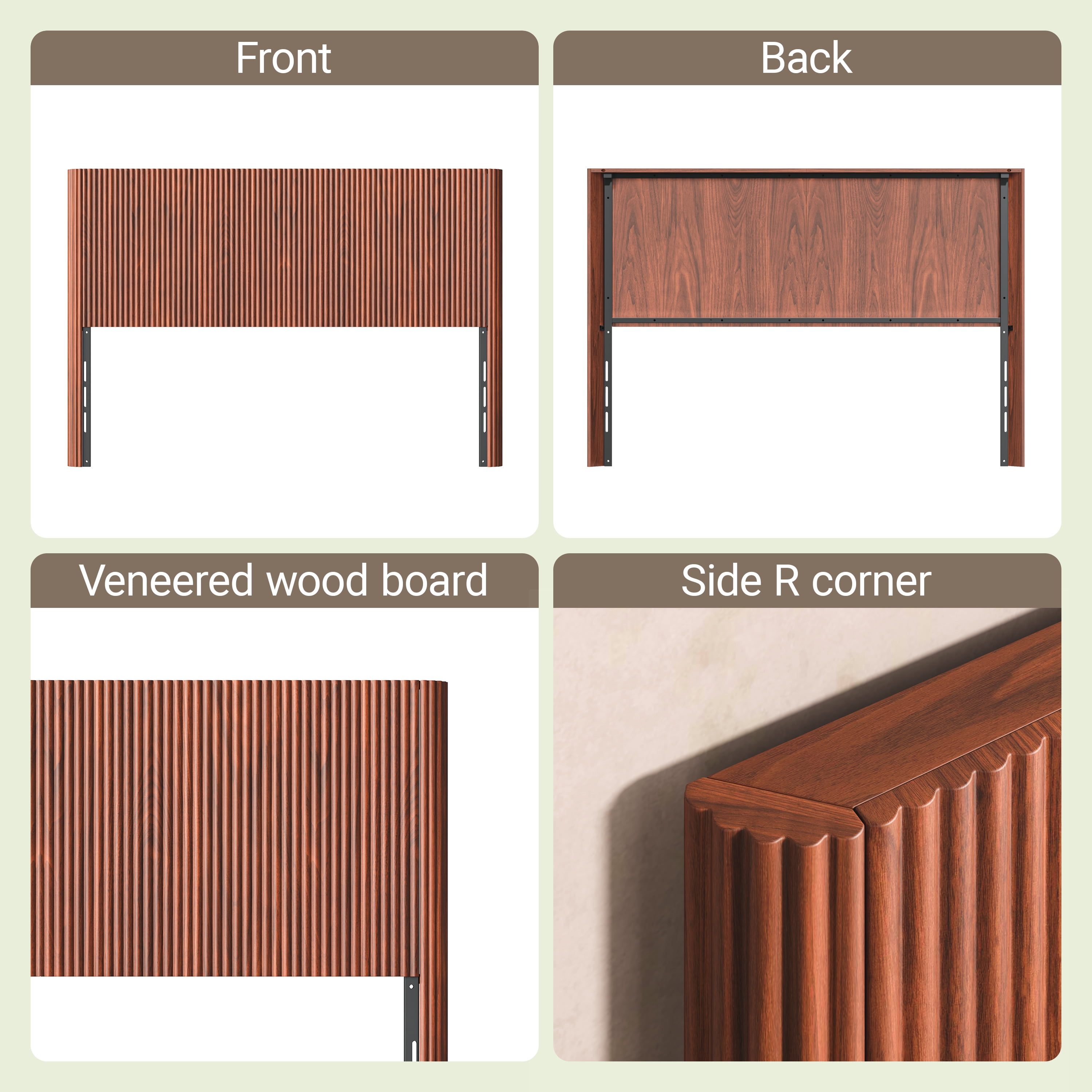 Modern Wooden Headboard with Arched Corrugated Design, Queen Size Vertical Grain Headboard for Bedroom, Walnut