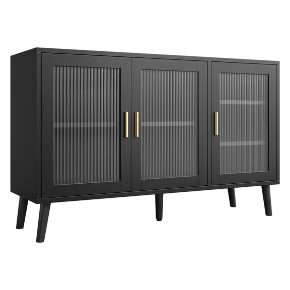 3-Door Sideboard Storage Cabinet with Fluted Glass Doors, Adjustable Shelves, 47.6 x 15.8 x 31.7 in Buffet Cabinet for Living Room, Dining Room, Entryway, Black