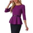 thumbnail image 4 of INSPIRE CHIC Peplum Tops for Women's 3/4 Sleeve Teacher Belted Elegant Business Work Blouse L Purple, 4 of 6
