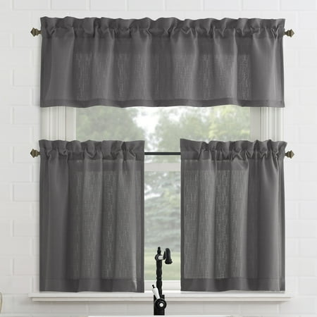 mainstays 3-piece textured semi sheer rod pocket kitchen window tier pair and valance 2 café curtains and 1 curtain valance grey 56 w x 36 l