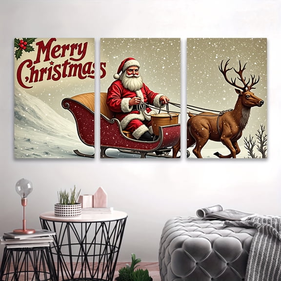 3pcs Frameless Canvas Christmas Wall Art - Santa in Sleigh with Reindeer, Snowy Winter Scene, Holiday Gift for Home Decor, Living Room, Office, or Party Decor, Holiday Wall Decor|Winter Scene Art|De