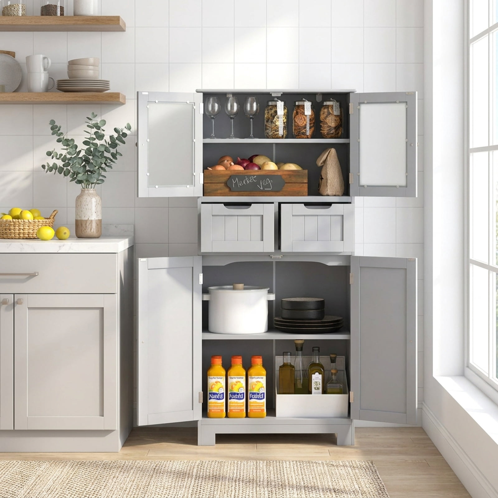 Vebreda Freestanding Bathroom Storage Cabinet, 4 Door Freestanding Bathroom Floor Storage Cabinet with 2 Drawers and Glass Doors